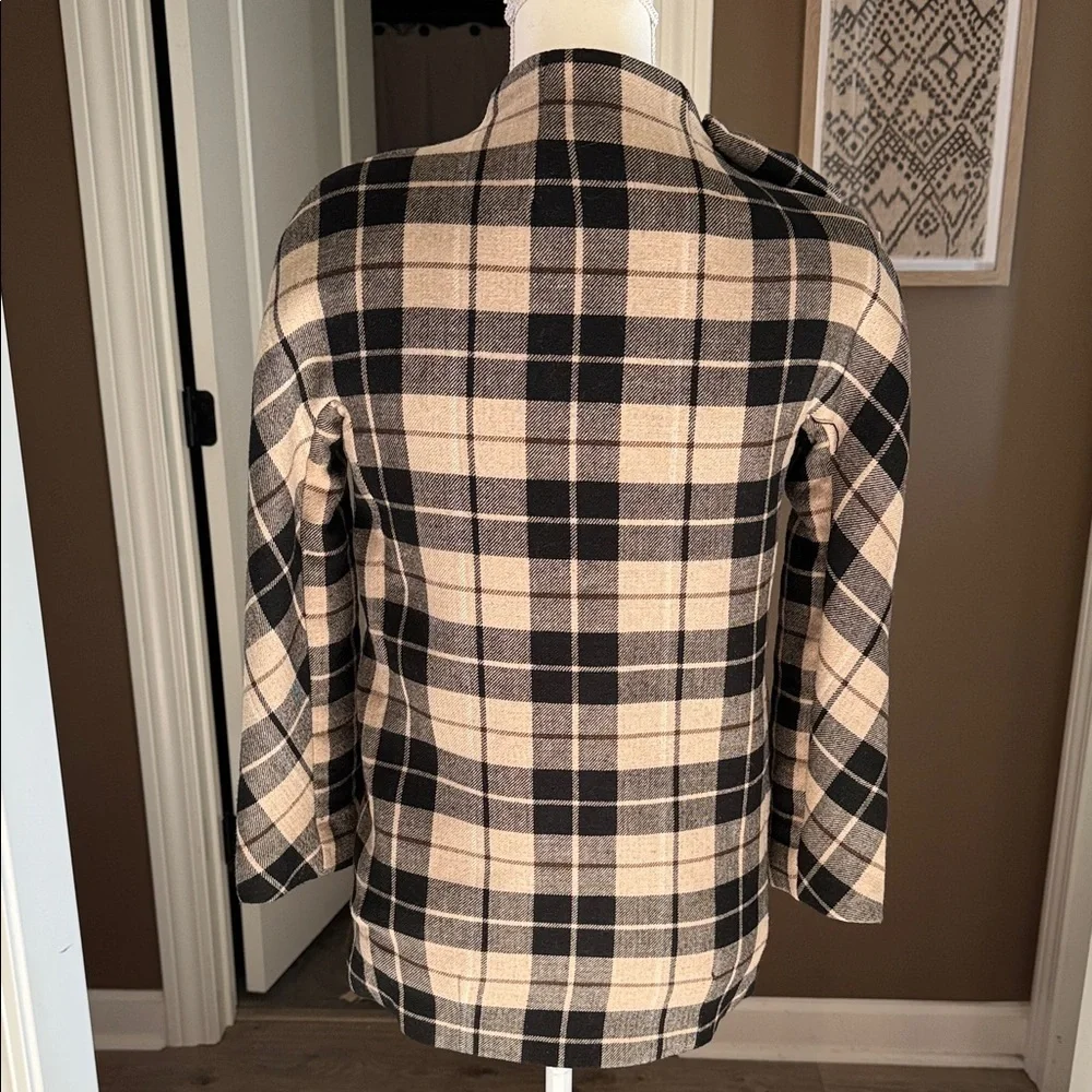 KATE SPADE Tan & Black Plaid Wool Blend Jacket Double Breasted Bow Collar Size M